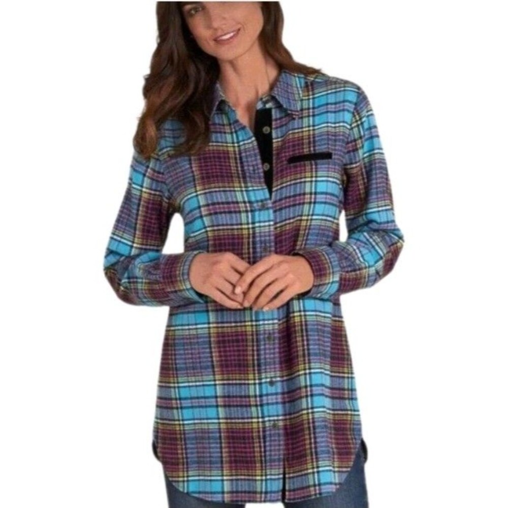 Soft Surroundings Women's Teal Plaid Flannel Button Up Shirt With Velvet Accents